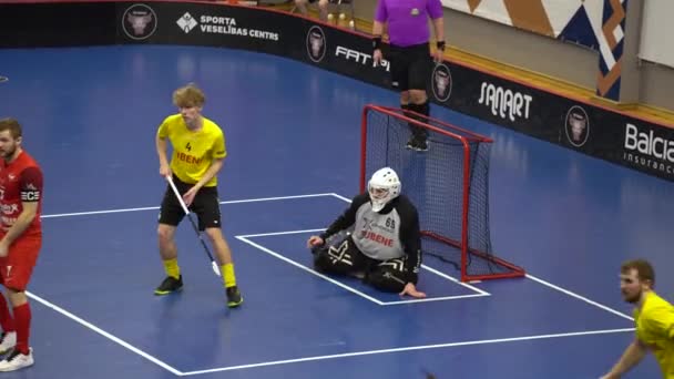 Valmiera Latvia March 2024 Floorball Goalie Crouched Goal While Players — Stock Video