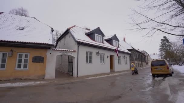 Cesis Lettland Februari 2024 Snötäckt Takbyggnad Med Flagga Valv Och — Stockvideo