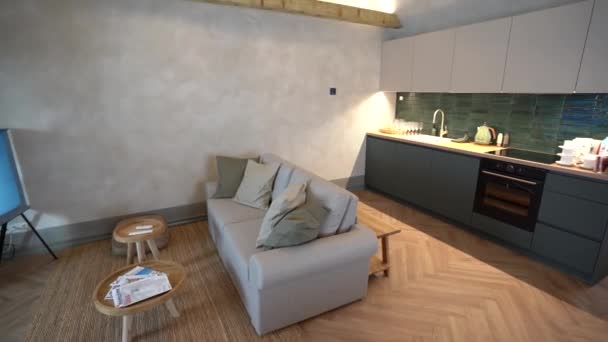 ケシス ラトビア 2024 灰色のソファ 木製の床 ティールのキャビネットとバックスプラッシュ 木製のコーヒーテーブル 明るい色の壁 モダンな照明付きの居心地の良いスタジオアパートメント — ストック動画