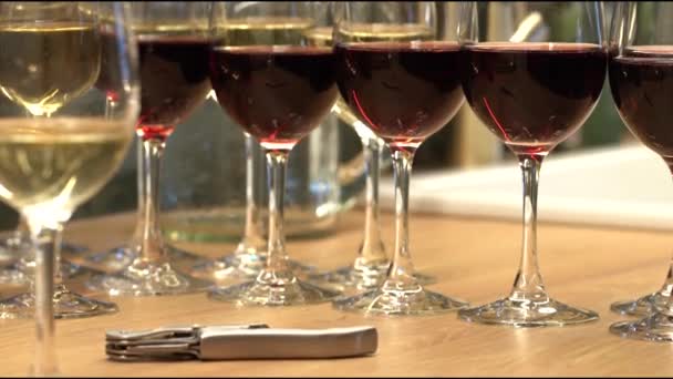 Voorgrond Staan Glazen Rode Witte Wijn Met Een Focus Rode — Stockvideo