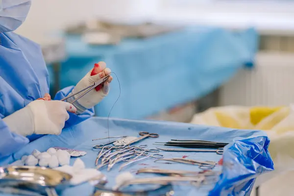 Valmiera, Latvia - March 20, 2024 - A medical professional in blue scrubs is carefully handling a needle and suture material, preparing for or in the midst of a surgical procedure, with a variety of surgical instruments laid out on a blue drape.