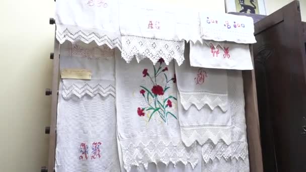 Incukalns Latvia March 2024 Display Traditional Embroidered Linens Lace Floral — Stock Video