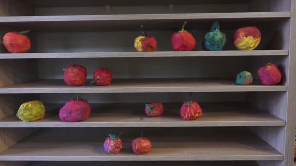 Incukalns Latvia March 2024 Colorful Papier Mch Fruits Displayed Wooden — Stock Video