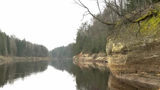 Een Serene Rivier Met Rustig Water Omzoomd Door Een Bos — Stockvideo