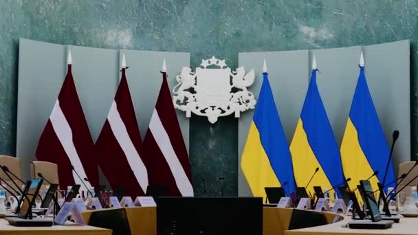 Riga Letonya Nisan 2024 Duvarında Letonya Arması Olan Bir Konferans — Stok video