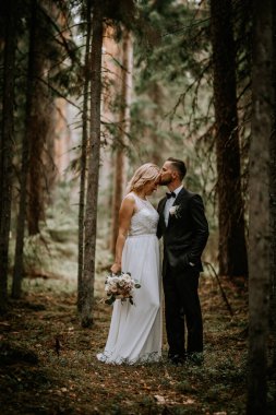 Valmiera, Letonya - 14 Temmuz 2023 loş bir çam ormanında gelin ve damat samimi bir öpücük paylaşıyor. O bir buket tutar; onların giysileri doğal çevreyle çelişir..