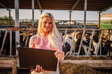 Valmiera, Letonya - 17 Ağustos 2024 - Sarı saçlı, gülümseyen bir kadın çiftlikte bir sığır ağılının önünde dizüstü bilgisayar tutuyor..