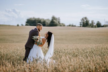 Valmiera, Letonya - 28 Temmuz 2024 - Bir gelin ve damat mavi gökyüzünün altındaki altın buğday tarlasında neşeli bir anı paylaşıyor.