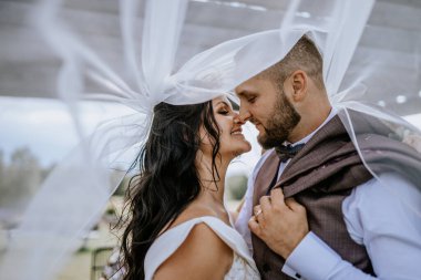 Valmiera, Letonya - 28 Temmuz 2023 - Bir gelin ve damadın birbirine dönük yakın çekimi, başları birbirine dokunuyor ve gelinin örtüsünün altında bulanık bir arka plana doğru gülümsüyorlar..