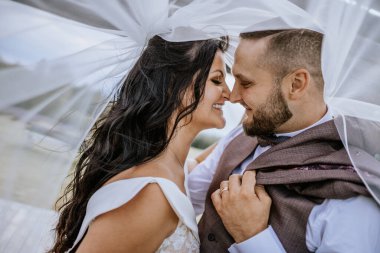 Valmiera, Letonya - 28 Temmuz 2023 - Bir gelin ve damadın birbirine dönük yakın çekimi, başları birbirine dokunuyor ve gelinin örtüsünün altında bulanık bir arka plana doğru gülümsüyorlar..