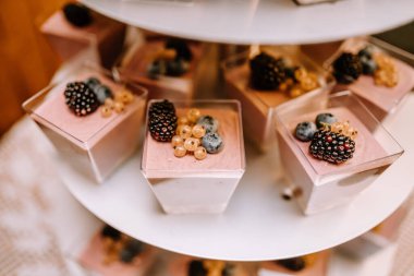 Valmiera, Letonya - 28 Temmuz 2023 - Her biri taze böğürtlen çeşidiyle kaplanmış ayrı ayrı meyveli kremalar.