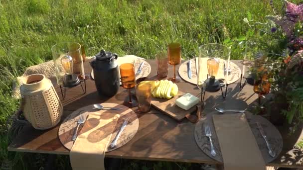Picknicktisch Mit Tellern Gläsern Laternen Käse Und Wildblumen Auf Einer — Stockvideo