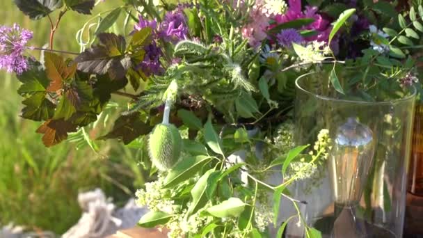 Närbild Olika Växter Och Klar Glaslykta Ett Träbord Utomhus — Stockvideo