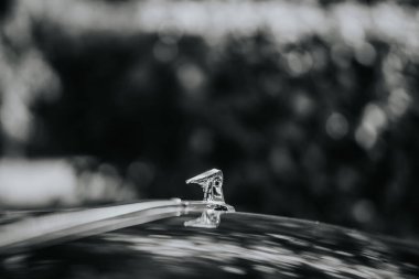 Valmiera, Letonya - 19 Ağustos 2023 - Klasik bir arabanın kaput süsü, bulanık bir arka plan ile siyah beyaz bir fotoğrafta çekildi.