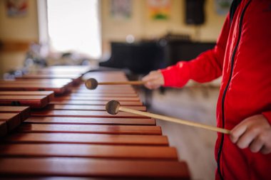 Valmiera, Letonya - 22 Mayıs 2024 - Kırmızı ceketli biri parlak bir odada tokmakla ksilofon çalıyor, arka planı ve penceresi bulanık. Boşluğu kopyala.