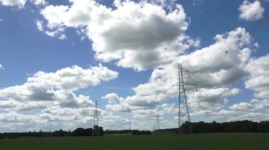 Yüksek voltajlı elektrik hatları ve kuleler bulutlu bir gökyüzünün altında orman zeminine sahip yeşil bir alan boyunca uzanıyor. Kırsal alan ve enerji altyapısı.