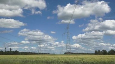 Yüksek voltajlı elektrik hatları ve kuleler bulutlu bir gökyüzünün altında orman zeminine sahip yeşil bir alan boyunca uzanıyor. Kırsal alan ve enerji altyapısı.