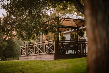 Blome, Letonya - 11 Eylül 2023 - Yumuşak ışık altında yemyeşil ve ağaçlarla çevrili ahşap bir güvertede oturma ve asma bitkileri olan rahat bir çardak. Boşluğu kopyala