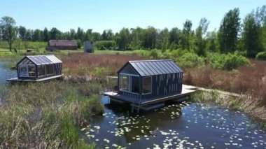 Uzun otlar ve su bitkileriyle dolu bataklık bir alanda iki küçük kulübe. Çevresi yeşillik ve açık gökyüzü ile çevrili. Hava görüntüsü 4k video.
