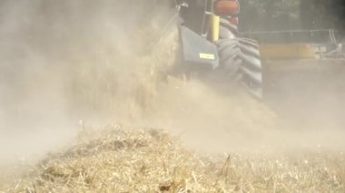 Valmiera, Letonya - 9 Temmuz 2024 - Buğday harmanlayan, toz ve saman yaratan sarı bir hasatçının yakın çekimi. Orman zeminli güneş ışığı.