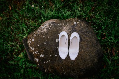 Cesis, Letonya - 12 Temmuz 2024 - Çevresinde yeşil çimenler olan büyük bir taşın üzerine yerleştirilmiş bir çift yüksek topuklu ayakkabı, doğal doku ve kopyalama alanı sağlar..