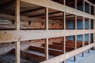 Münih, Almanya - 13 Eylül 2024 - Dachau toplama kampındaki boş bir kışlada ahşap ranzalar, 2. Dünya Savaşı sırasında katı yaşam koşullarını gösteriyor.