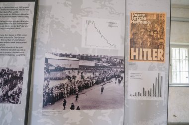 Münih, Almanya - 13 Eylül 2024 - Büyük bir kalabalık ve Hitler için propaganda içeren tarihi resimler, grafikler ve Nazi döneminden bir poster.