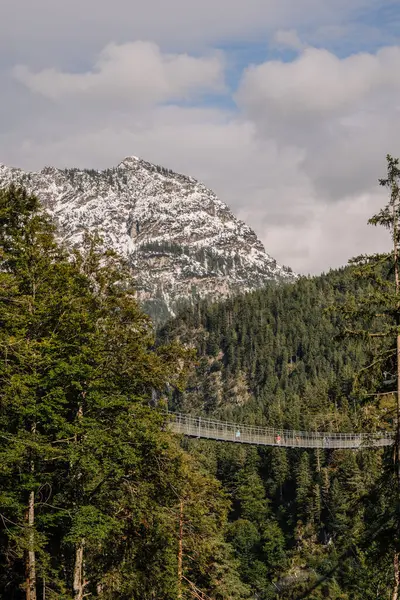 stock image Tirol, Austria - September 15, 2024 - The Highline 179 suspension bridge stretches over a forested valley, with snow-capped mountains in the background, offering stunning alpine views.