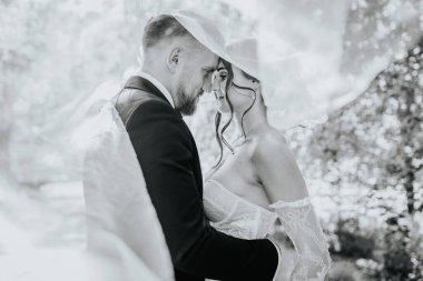 Valmiera, Letonya - 15 Ağustos 2024 - Gelin ve damadın siyah-beyaz yakın çekimi Gelin peçesinin altında samimi bir anı paylaşıyor, açık havada şefkatle kucaklaşıyor