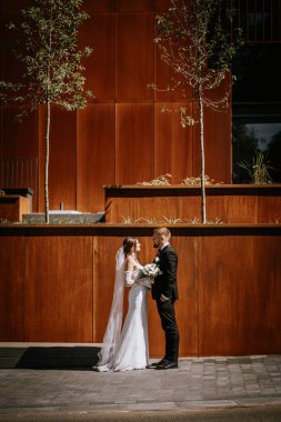 Valmiera, Letonya - 15 Ağustos 2024 - Gelin ve damat, modern paslı bir duvarın önünde, düğün günlerinde birbirlerine karşı sevgi dolu bir an yaşarlar..