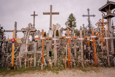 Siauliai, Litvanya, 21 Ekim 2024. Kryi Kalnas 'ta sergilenen ahşap haçlar, haçlar ve haçları simgeleyen büyük bir kolleksiyon..