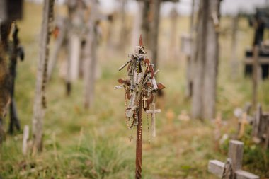 iauliai, Litvanya, 21 Ekim 2024 Kryzi Kalnas. Çoklu haç ve tespih ile kaplı küçük bir haç bir tarlada duruyor, inancı, bağlılığı ve hatıraları simgeliyor..