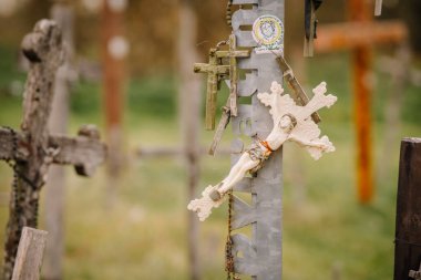 iauliai, Litvanya, 21 Ekim 2024 Kryzi Kalnas. Litvanya 'nın iauliai kentindeki Kryi Kalnas (Haçlar Tepesi)' nde haçlara yakın çekimde, metal bir direğe asılı haçlar ve ahşap haçlar bulunuyor..