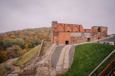 Vilnius, Lithaunia - 22 Ekim 2024 - Arka planda sonbahar ağaçları ve tarihi taş duvarlar bulunan bir tepede eski bir tuğladan kale harabesi.
