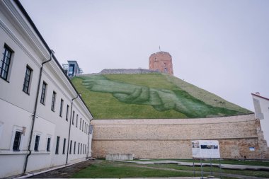 Vilnius, Lithaunia - 22 Ekim 2024 - Çevresindeki binalarla çevrili tarihi kırmızı tuğla kulesinin altındaki bir yamaçta iki el sallanan büyük bir çim duvar resmi.