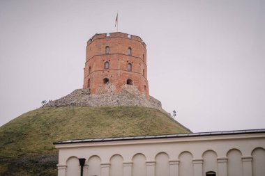 Vilnius, Lithaunia - 22 Ekim 2024 - Çimenli bir tepenin tepesinde, bulutlu bir gökyüzünün altında antik mimari bir tasarımın yer aldığı tarihi bir tuğla kule.