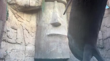 Vilnius, Lithaunia - 23 Ekim 2024 - Paskalya Adası 'ndaki kayalık mağara benzeri bir ortamda Moai heykellerine benzeyen büyük taş heykel. Antik, gizemli estetik.