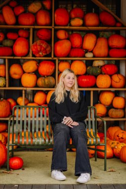 Vilnius, Lithaunia - October 22, 2024 - A girl sits on a bench surrounded by stacked pumpkins in various sizes and colors, creating a festive autumn scene. clipart