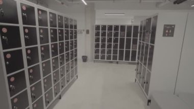 Cesis, Letonya - 13 Kasım 2024 - Her biri ayrı kilit ve etiketlere sahip birden fazla güvenli siyah dolap içeren modern bir soyunma odası, temiz ve minimalist bir alana yerleştirilmiş..