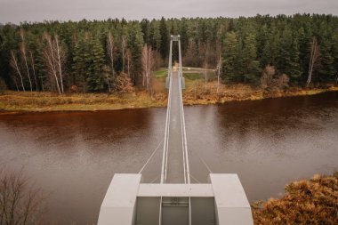Valmiera, Letonya - 14 Kasım 2024 - Sakin bir nehir boyunca uzanan, sonbahar ağaçlarıyla çevrili, yoğun yeşil bir ormana doğru uzanan bir yaya köprüsünün yukarıdan görünen görüntüsü.