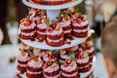 Koknese, Letonya - 26 Eylül 2023 - Katmanlı bir tatlı standı üzerinde ahududu, incir ve çilek gibi taze meyveler bulunan pembe kremalı zarif mini pastalar sergiliyor..