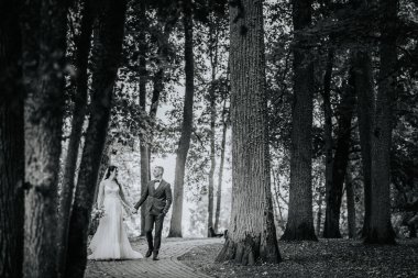 Gelin ve damat el ele tutuşuyor, sakin ve doğal bir ortamda orman yolunda yürüyorlar. Siyah-beyaz fotoğraf, zamansız romantizm ve sükuneti çağrıştırıyor..