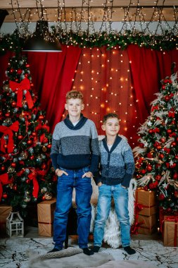 İki kardeş Noel arifesinde ayakta duruyor ve gülümsüyor. Süslü ağaçlar, yanıp sönen ışıklar ve neşeli bir atmosfer yaratan hediyeler..