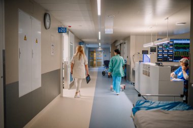 Valmiera, Letonya - 17 Ocak 2025 - Sağlık personelinin yürüdüğü bir hastane koridoru, resepsiyonda çalışan bir hemşire ve arka planda hasta verilerini gösteren monitörler.