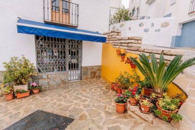 Gaucin, İspanya - 27 Ocak 2025 - İspanya 'nın Gaucin şehrinde hoş bir avlu, içinde saksı bitkileri, sarı bir duvar, mavi bir tente ve balkonu olan dekoratif taş bir patika var..