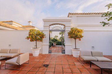 Sotogrande, İspanya - 27 Ocak 2025 - Terracotta fayansları, beyaz tencerelerde narenciye ağaçları, modern açık hava koltukları ve güneşli bir gökyüzünün altında kemerli bir kapı.