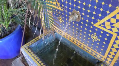 Endülüs, İspanya - 30 Ocak 2025 - Pirinç püskürtülü, parlak mavi ve sarı mozaik fayanslı dekoratif bir çeşme ve yakındaki saksı palmiye yaprakları tropikal bir ortam yaratıyor..