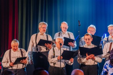 Valmiera, Letonya - 8 Şubat 2025 - 90 'ların partisi. Bir grup erkek koro şarkıcısı sahnede şarkı söylüyor, notaları tutuyor ve sahne altında uyum içinde şarkı söylüyorlar..