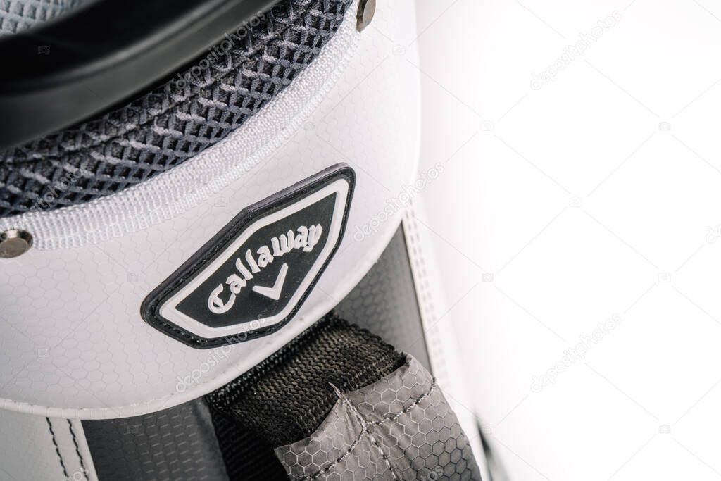 Valmiera, Latvia - February 18, 2025 - A close-up of a Callaway golf bag, showcasing the logo, high-quality materials, stitching, and texture in a detailed macro shot of the premium golf gear.