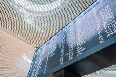 İstanbul, Türkiye - 01 Mart 2025 - Uluslararası uçuş, saat, kapı ve statüleri gösteren ve arka planda modern bir tavan bulunan bir havalimanı kalkış panosunun yakın çekimi.